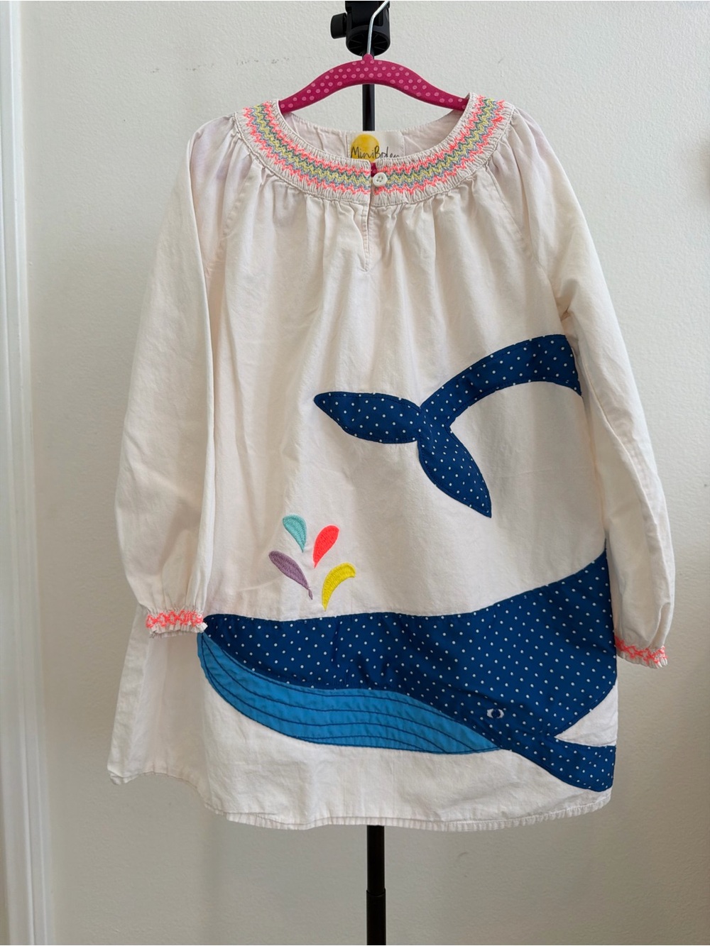 Mini Boden Cream Cotton Dress with Navy Whale Applique and Colorful Smocking